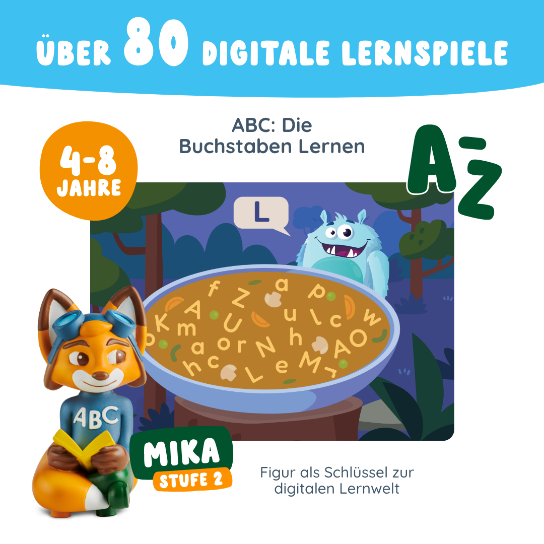 Mit dem Edurino DE Mika "Buchstaben Lesen & Schreiben" - Stufe 2 Set, bestehend aus einer Fuchsfigur und einem blauen Monster mit Buchstabentafel, machen ABC-Lernspiele für Kinder von 4-8 Jahren Spaß.