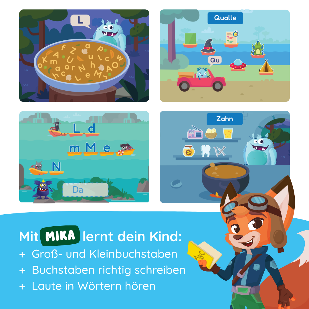 Mika "Buchstaben Lesen & Schreiben" - Stufe 2 von Edurino DE vermittelt spielerisch mit einem Fuchs-Maskottchen und leuchtenden Farben Buchstaben, Rechtschreibung und Laute und fördert so die Lese- und Schreibkompetenz der Kinder.