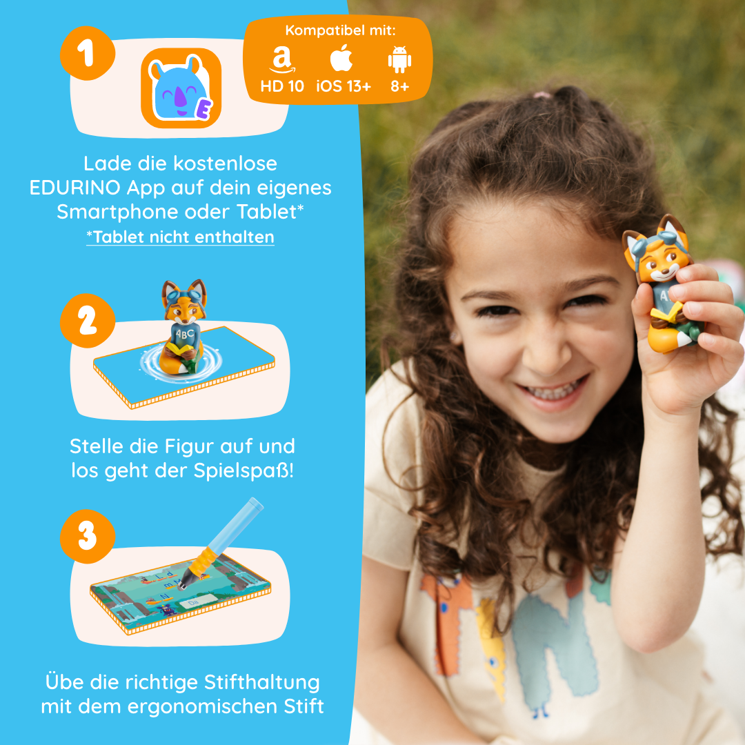 Ein lächelndes Mädchen hält eine Fuchsfigur neben drei Schritten zur Nutzung der Edurino DE Mika "Buchstaben Lesen & Schreiben" - Stufe 2 Lern-App, die sich auf das Schreiben, Lesen und Buchstaben lernen konzentriert.