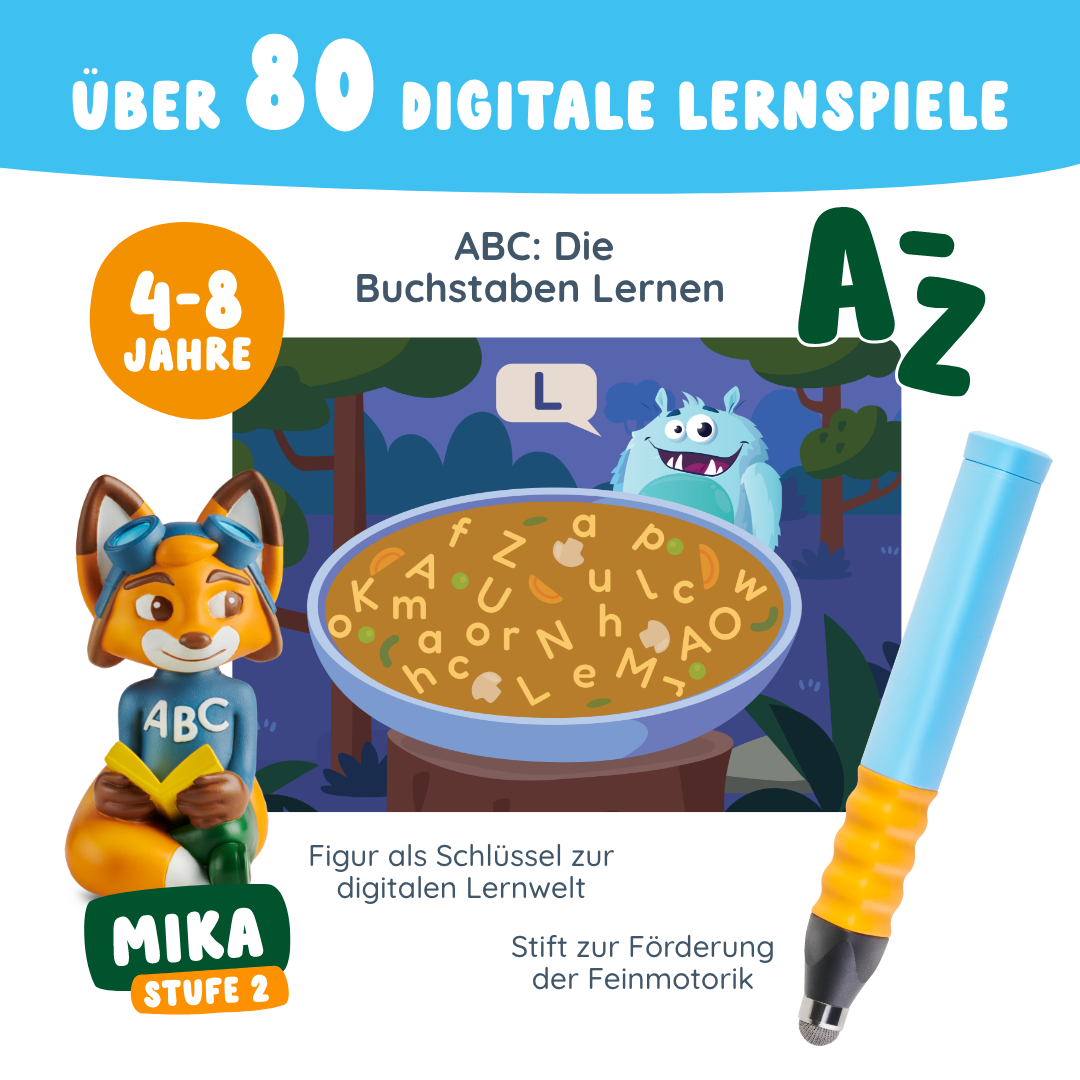 Bunte Werbung für Mika "Buchstaben Lesen & Schreiben" - Stufe 2 digitale ABC-Spiele von Edurino DE für Kinder von 4-8 Jahren, mit einem Fuchs, einem blauen Monster und einem Stift.