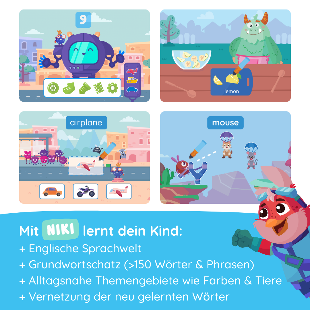 Vier bunte Lern-Illustrationen aus Niki "Erstes Englisch" von Edurino DE mit Robotern, Tieren und englischen Wörtern wie lemon, airplane oder mouse.