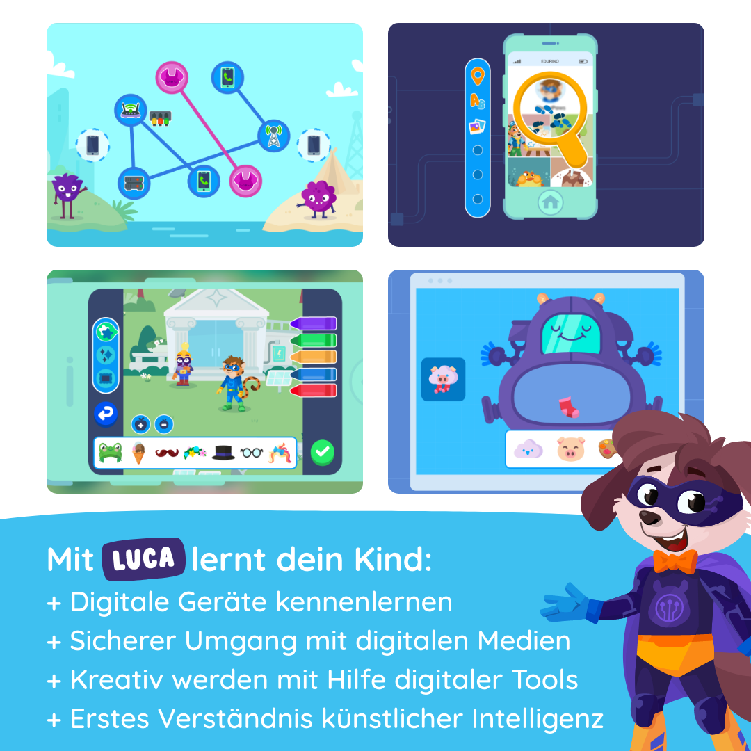 Vier bunte Screenshots des Edurino DE Superhelden Starter-Bundles zeigen, wie spielerisches Lernen mit Maskottchen im Superheldenkostüm und kreativen Lernfiguren am Computer Spaß macht.