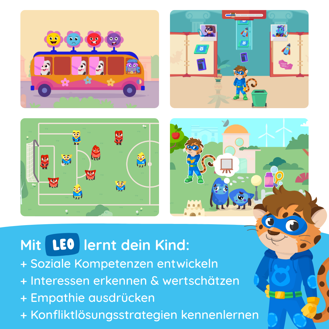 Illustration des Superhelden Starter-Bundle Lernfiguren von Edurino DE: Tiere genießen spielerisches Lernen, Sport, Kunst mit dem Eingabestift und Konfliktlösungsabenteuer, angeführt von einem Superhelden-Geparden-Maskottchen.