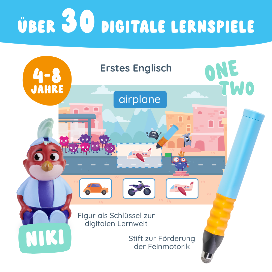 Bunte Werbung für das digitale Spiel Niki "Erstes Englisch" von Edurino DE mit einer Zeichentrickfigur, einem Stift und passenden Bildern zum spielerischen Englischlernen.