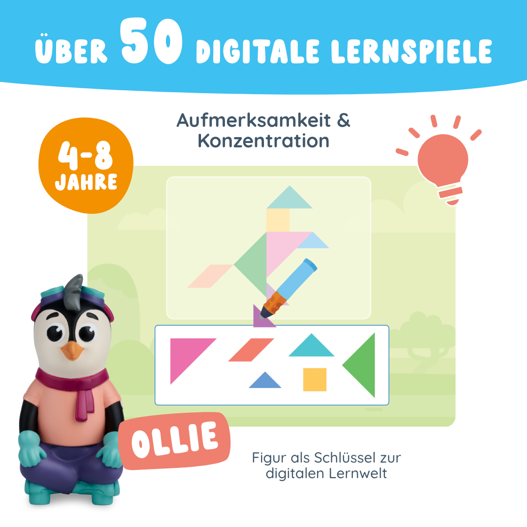 Ollie "Aufmerksamkeit & Konzentration" von Edurino DE zeigt einen Cartoon-Pinguin neben einem Tangram-Puzzle für Kinder von 4-8 Jahren und bietet über 50 digitale Lernspiele für Konzentration und Spaß am Erfolg.
