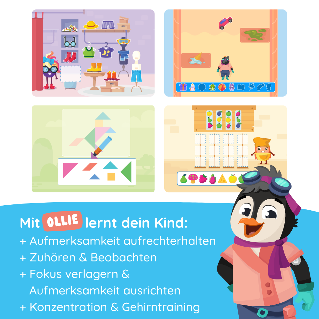 Vier bunte Lernspiel-Screenshots mit Ollie von Edurino DE, die Kindern auf Deutsch helfen, Aufmerksamkeit und Konzentration spielerisch zu fördern.