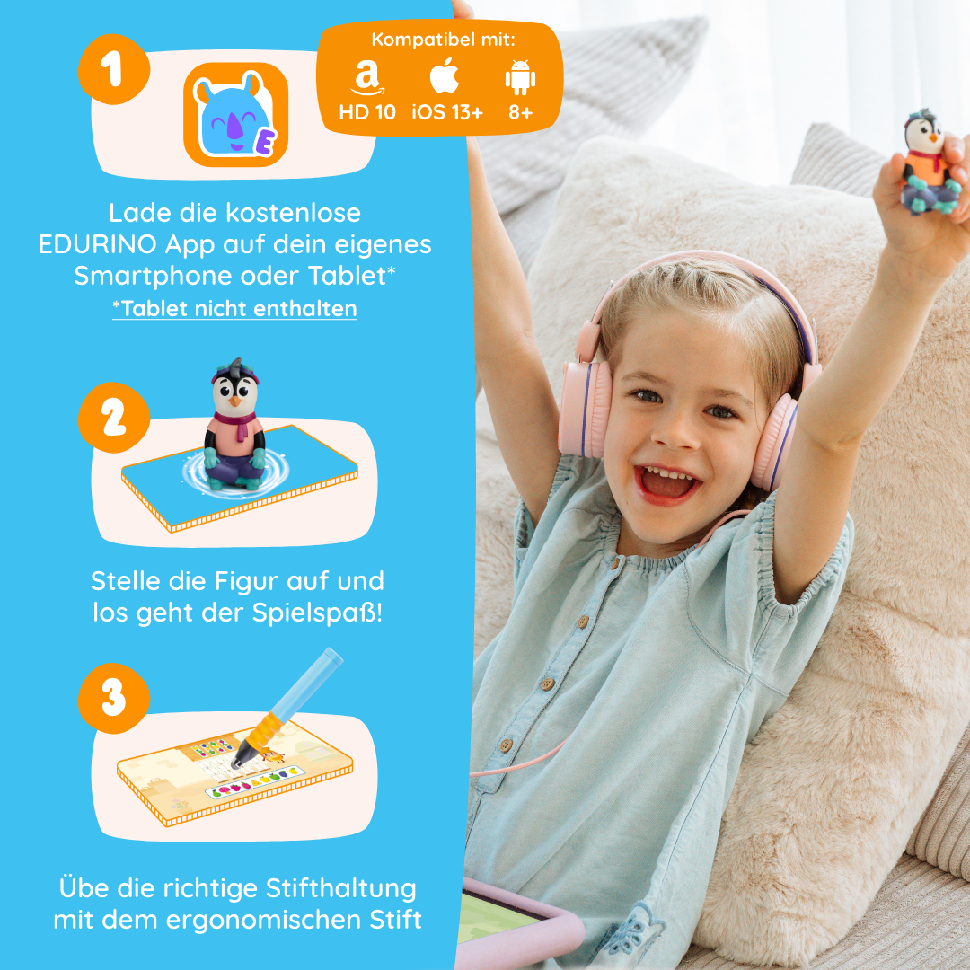 Ein lächelndes Mädchen mit Kopfhörern hebt den Arm und präsentiert die App Ollie "Aufmerksamkeit & Konzentration" von Edurino DE; Anweisungen und Illustrationen erscheinen auf der linken Seite des Bildes.