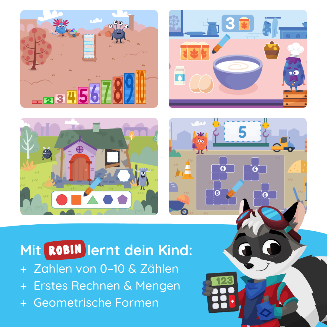 Vier farbenfrohe Lernspiel-Screenshots aus Edurino DEs "Robin Zahlen & Mengen" - Stufe 1 mit Zahlen, Formen, süßen Tieren und Comic-Waschbär mit Tafel.