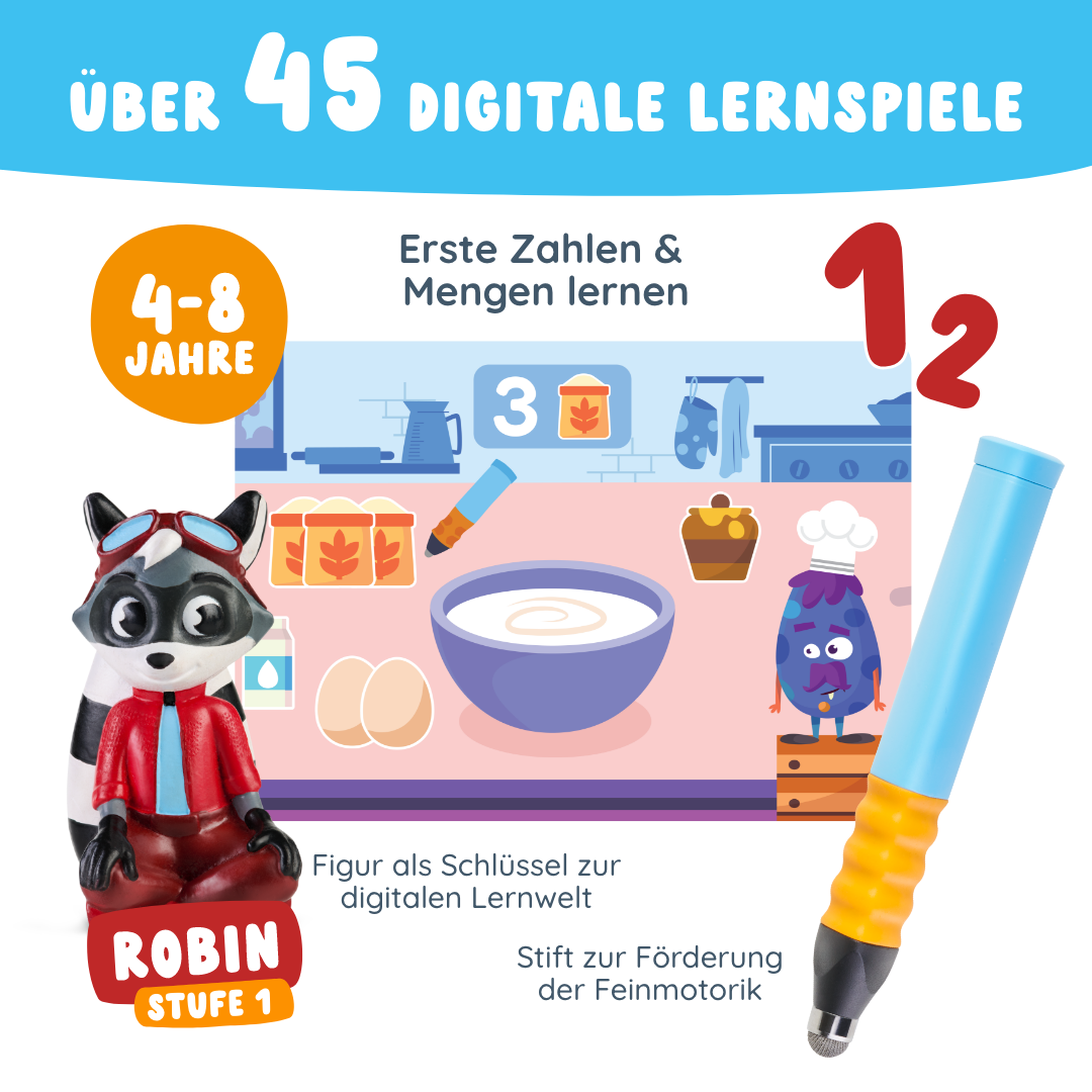 Das Edurino DE Robin "Zahlen & Mengen" - Stufe 1 Set enthält einen Cartoon-Waschbären, einen blauen Stift und eine Küchenszene zur Einführung in digitale Lernspiele für Kinder von 4-8 Jahren.