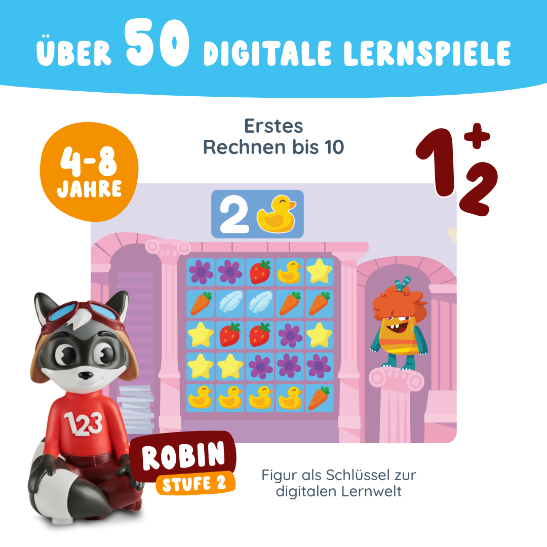Der Edurino DE Robin "Erstes Rechnen bis 10" - Stufe 2 zeigt einen Spielzeug-Waschbären mit einem 123er-Shirt neben einem Mathe-Spiel für Kinder im Alter von 4-8 Jahren, das mit bunten Symbolen und lustigen Rechenaufgaben das Zahlenverständnis fördert.