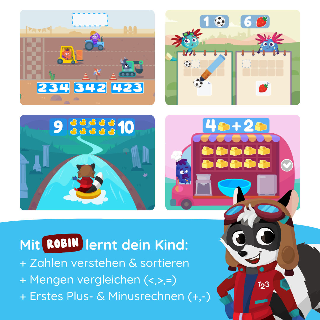 Das Edurino DE-Produkt "Robin 'Erstes Rechnen bis 10' - Stufe 2" bietet vier bunte Lernspiele mit Waschbär-Maskottchen, die spielerisch das Zahlenverständnis von Kindern bis 10 fördern.