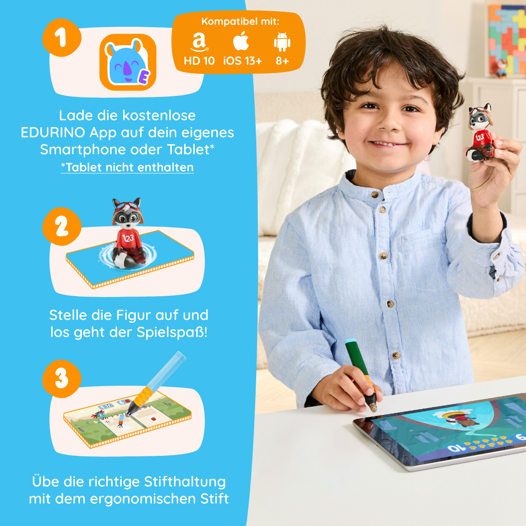 Ein Junge nutzt das Edurino DE Set "Robin 'Erstes Rechnen bis 10' - Stufe 2" mit Tablet und Spielfigur und folgt den 3 Schritten der EDURINO App, um Zahlenverständnis zu lernen.