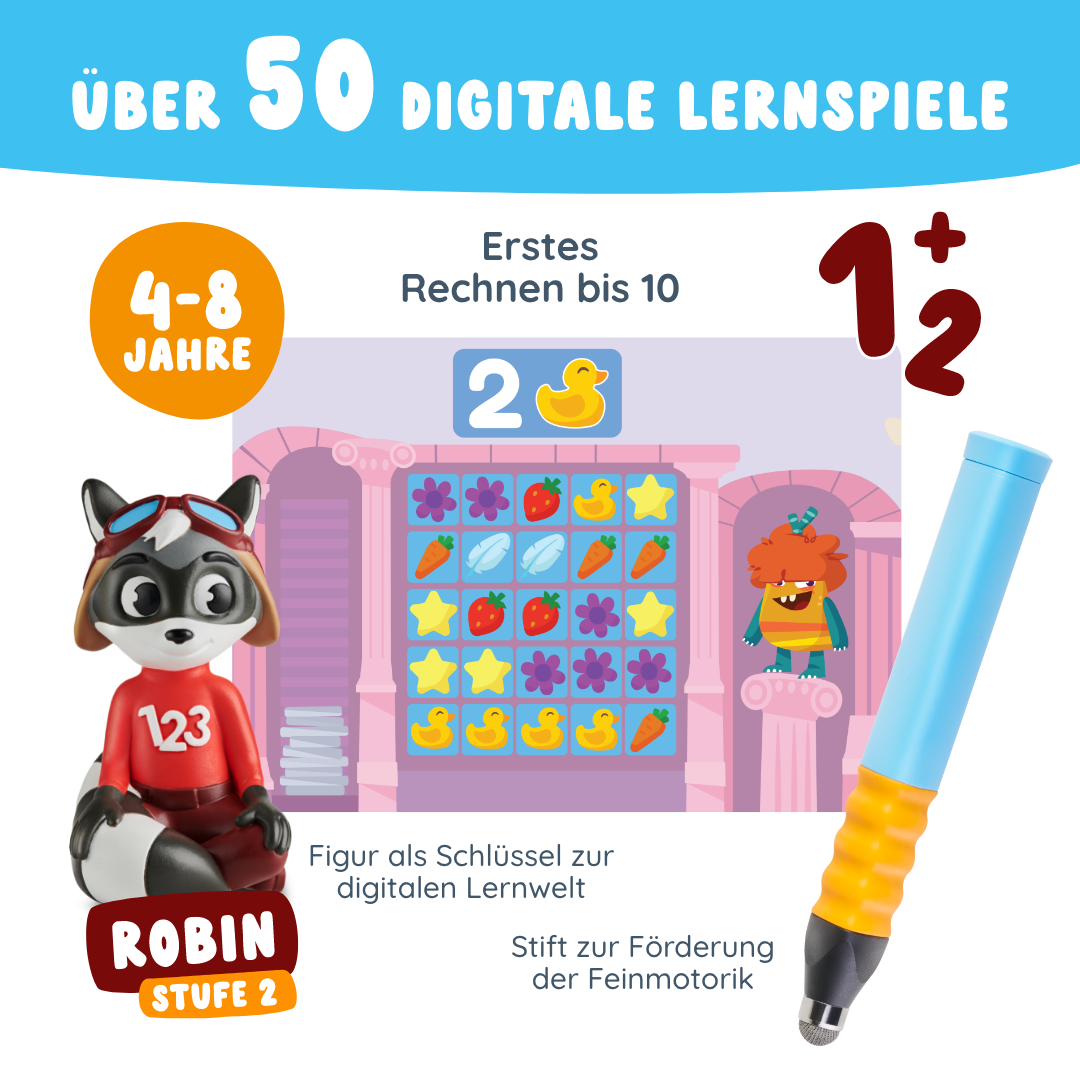 Bunte Werbung für Edurino DE's Robin "Erstes Rechnen bis 10" - Stufe 2, mit einem Cartoon-Waschbären, digitalem Stift und Mathe-Symbolen zum spielerischen Lernen für Kinder von 4-8 Jahren.