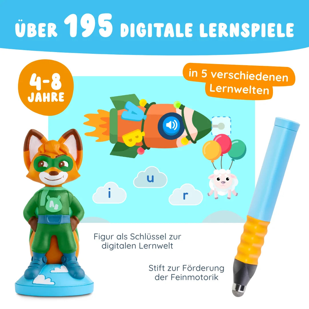 Das Edurino DE Schulkind-Bundle ist ein farbenfrohes digitales Lernset für Kinder im Alter von 4 bis 8 Jahren, das eine Fuchsfigur, einen Stift und einen Spielbildschirm mit Raketenmotiven enthält.