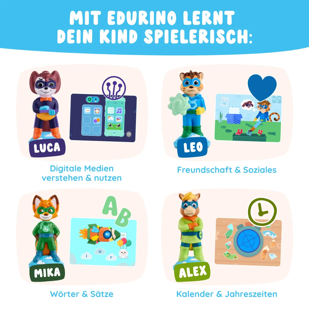 Mit dem Schulkind-Bundle von Edurino DE lernen Kinder anhand von vier Zeichentrick-Tieren auf unterhaltsame Weise etwas über Medien, Freundschaft, Sprache und Kalender.