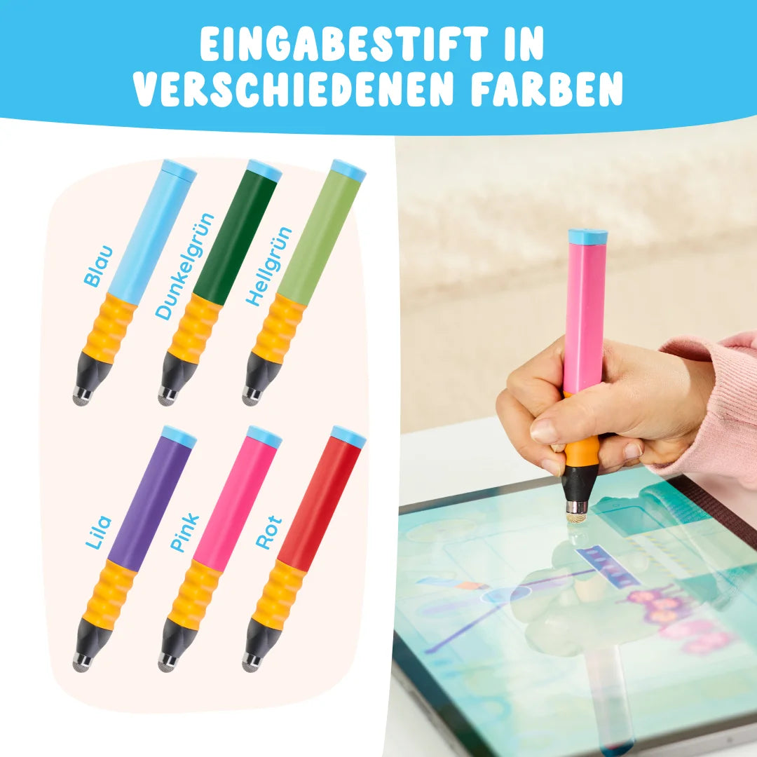 Ein Kind benutzt einen rosafarbenen Stift aus dem Edurino DE Schulkind-Bundle auf einem Tablet; bunte Stifte in blau, grün, lila, rosa und rot sind enthalten.