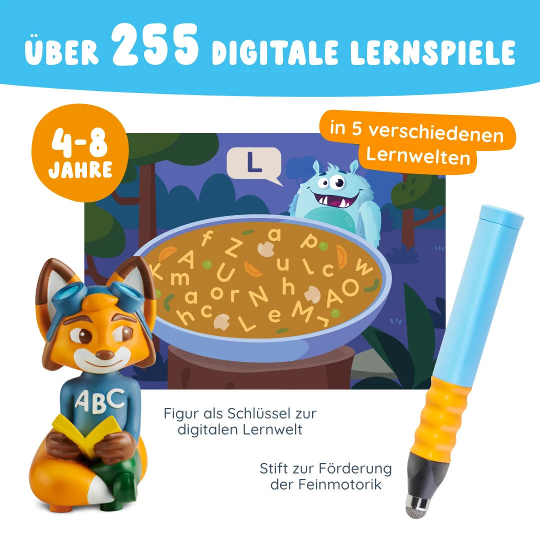 Das Edurino DE Schulstart-Bundle ist ein digitales Lernspielzeug mit Fuchsfigur, Stift und Monster für Kinder von 4-8 Jahren und enthält bunte Buchstaben.