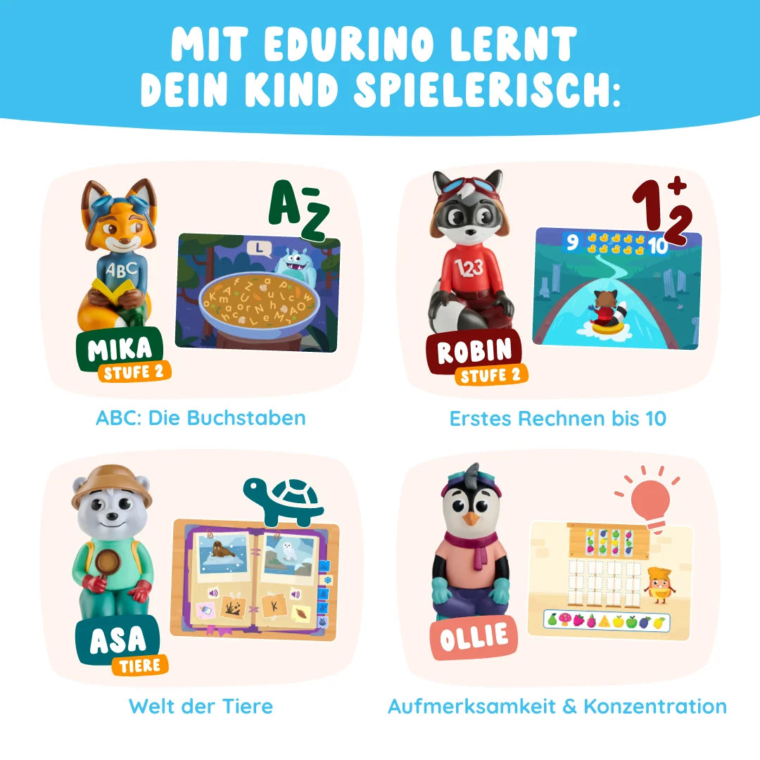 Im Edurino DE Schulstart-Bundle zeigen vier Comic-Tiere spielerisch Lerninhalte zu Buchstaben, Rechnen, Tieren und Konzentration für Kinder.