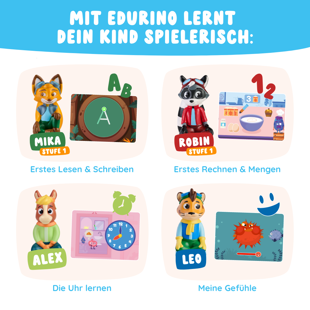 Das Ultimatives Starter-Bundle von Edurino DE enthält vier Cartoon-Tiere, die Kindern mit farbenfrohen Lerngrafiken Lesen, Rechnen, Zeit und Emotionen vermitteln.