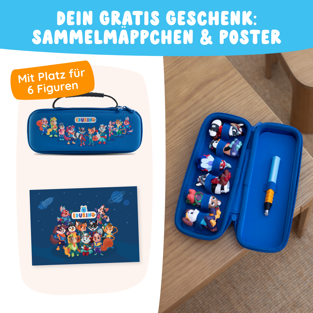 Das Edurino DE Ultimatives Starter-Bundle enthält einen blauen Koffer mit sechs Spielfiguren, einen Stift und ein Poster mit Cartoon-Figuren auf blauem Hintergrund.