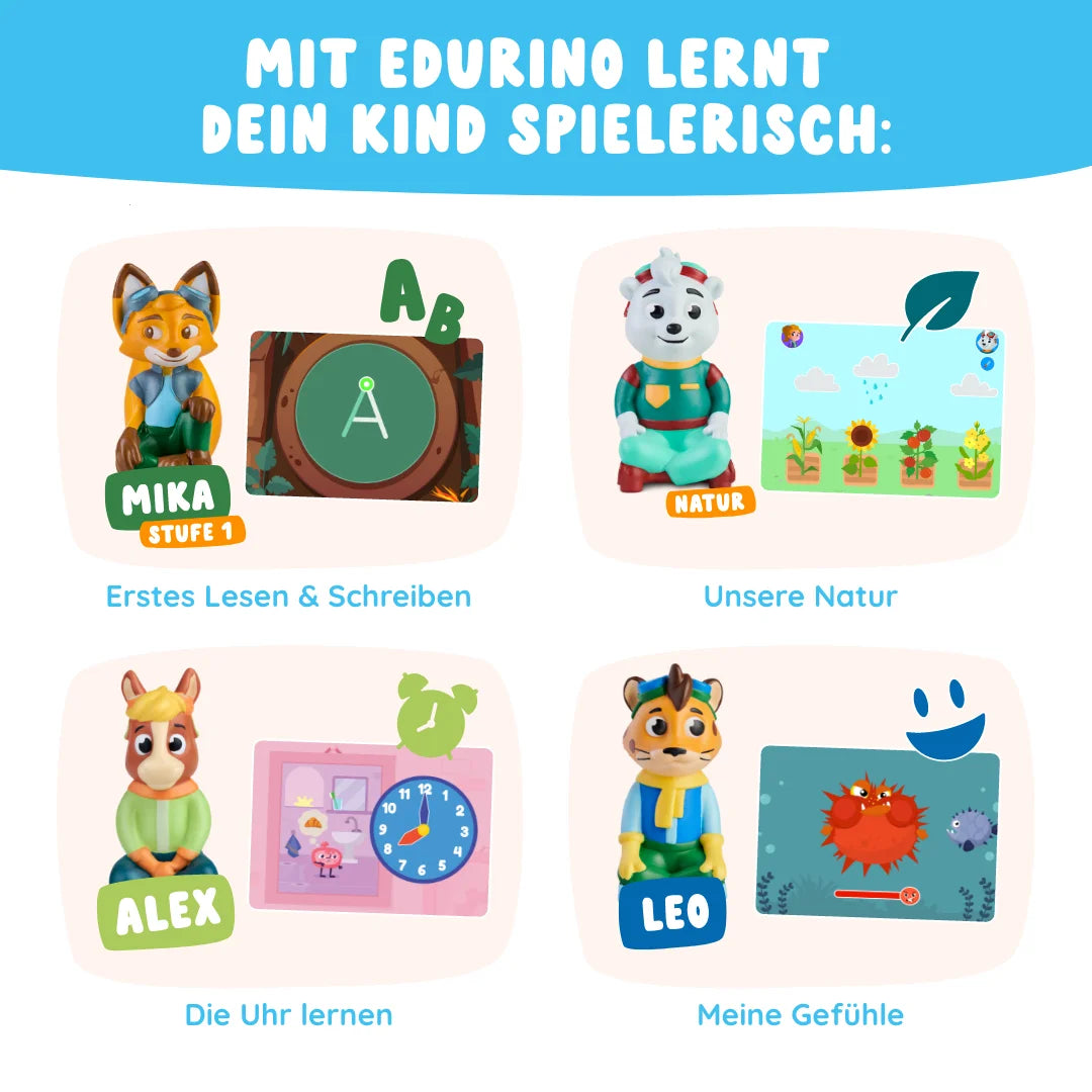 Das Edurino DE Vorschul-Bundle zeigt vier Zeichentrick-Tierfiguren, die Kinder spielerisch an das Lernen heranführen: Lesen, Natur, Zeit und Gefühle.