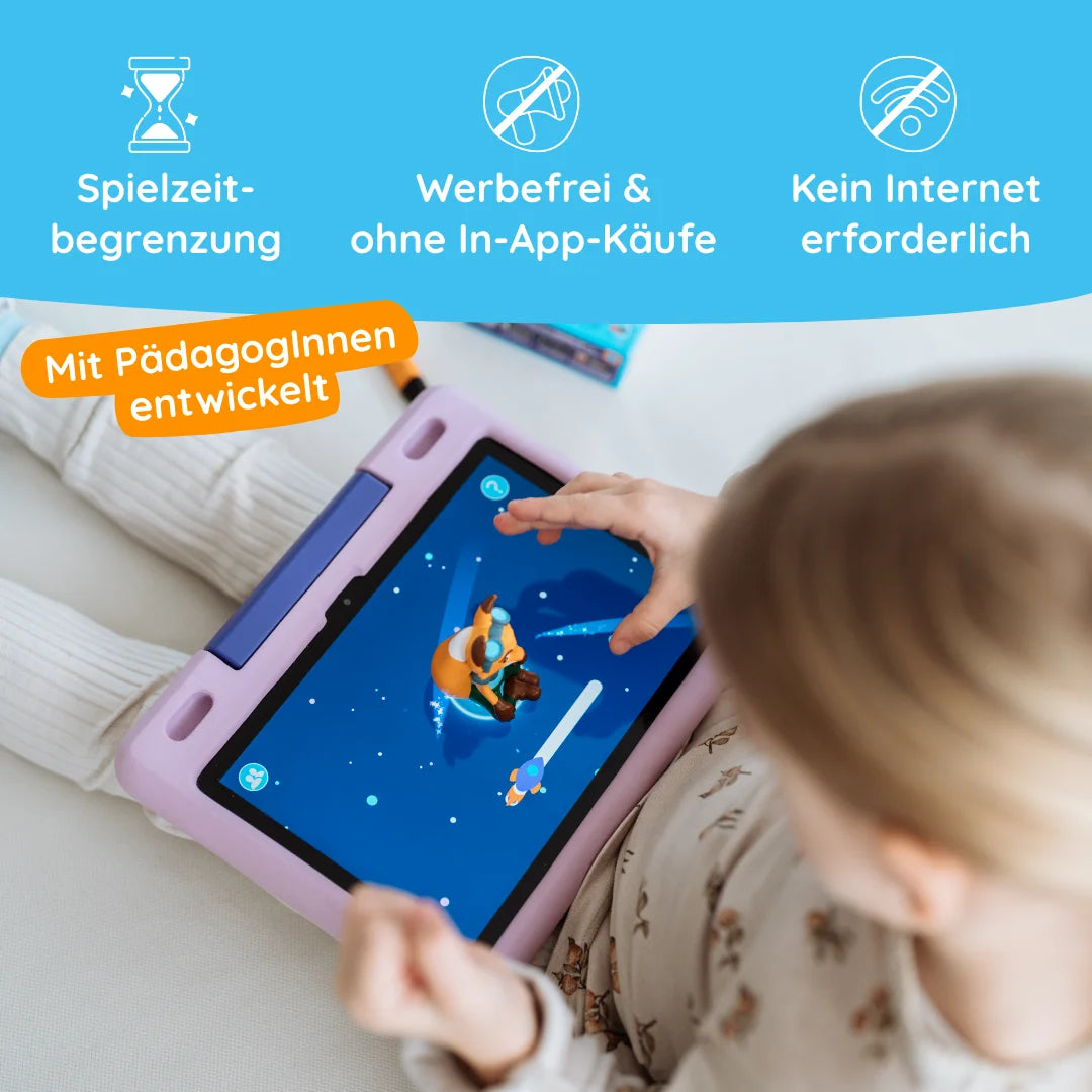 Ein Kind interagiert mit dem Edurino DE Vorschul-Bundle-Tablet, während der deutsche Text darüber die pädagogischen Funktionen und Vorteile der App hervorhebt.