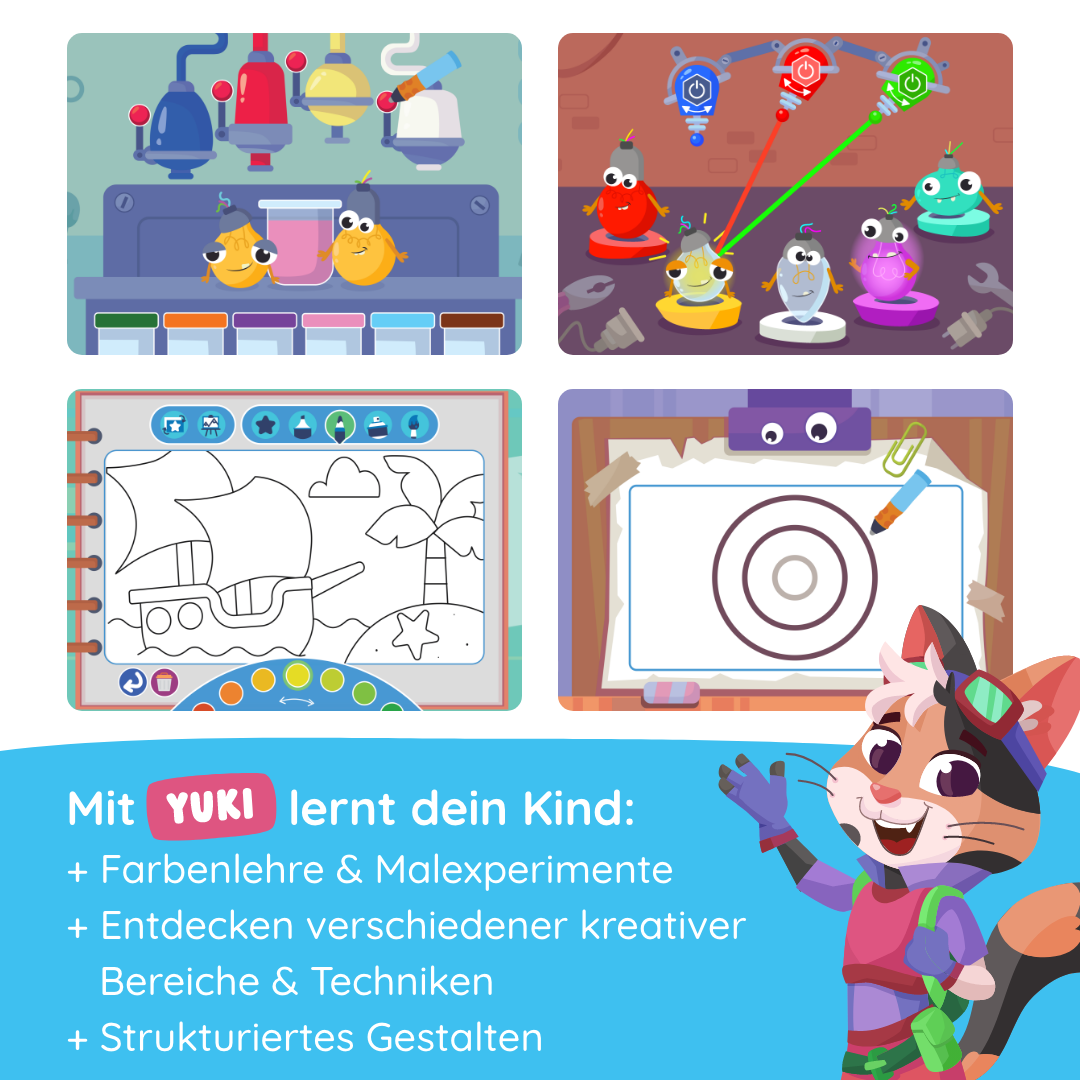 Vier bunte Comic-Bilder aus Yuki "Kreativität & Malen" von Edurino DE zeigen, wie Yuki die Katze kreatives Lernen für Kinder mit Mal- und Farbexperimenten erklärt.