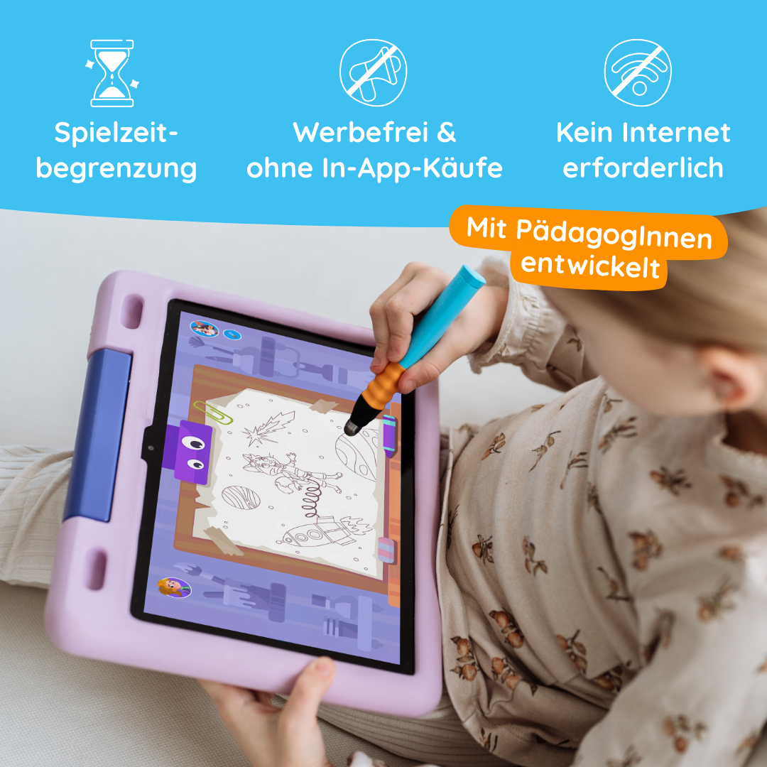 Ein Kind benutzt ein Tablet mit einem Stift, um die Edurino DE App "Yuki 'Kreativität & Malen'" zu erkunden. Die pädagogischen Funktionen sind oben in deutscher Sprache aufgeführt.