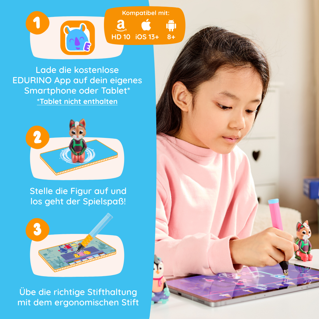 Ein Mädchen benutzt das Yuki "Kreativität & Malen"-Tablett mit einem Stift von Edurino DE; daneben erscheinen Cartoon-Tierfiguren und Lernschritte.