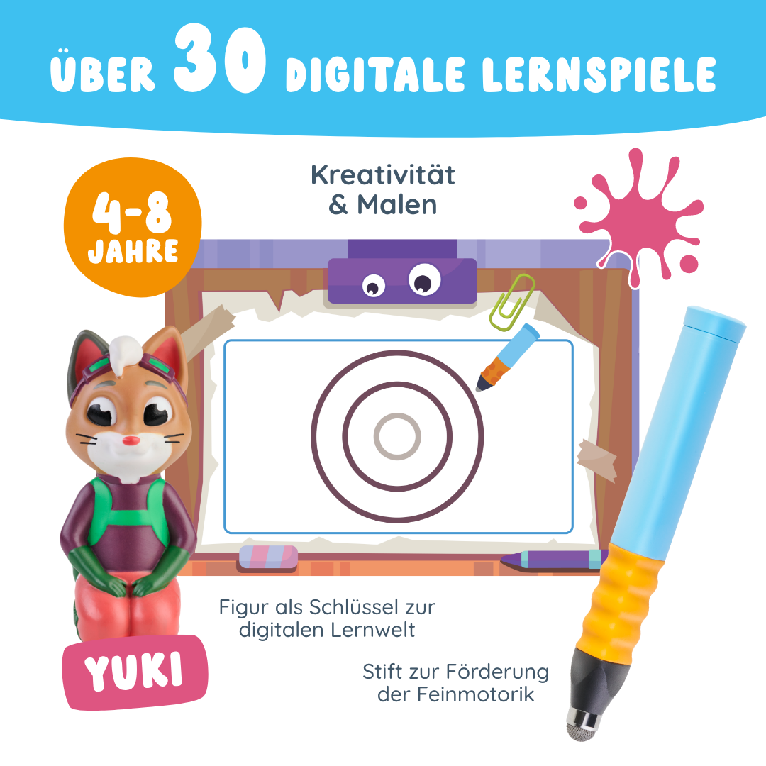 Das Edurino DE Yuki "Kreativität & Malen" Set besteht aus einer Katzenfigur, einem digitalen Stift und einem Tablet und bietet über 30 kreative Lernspiele in deutscher Sprache für Kinder von 4-8 Jahren.