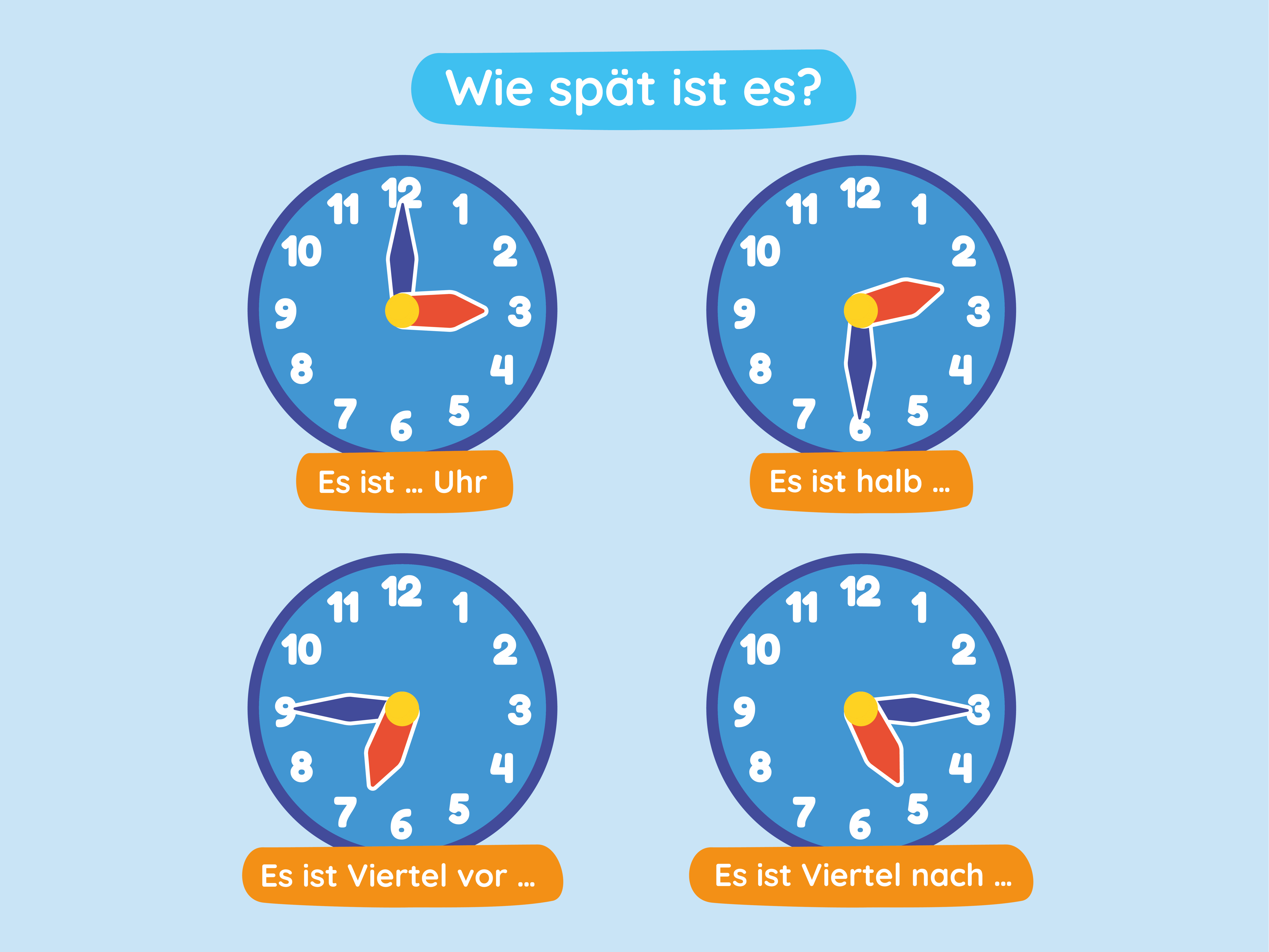 Arbeitsblatt zum Üben der vollen, halben und VIertelstunden