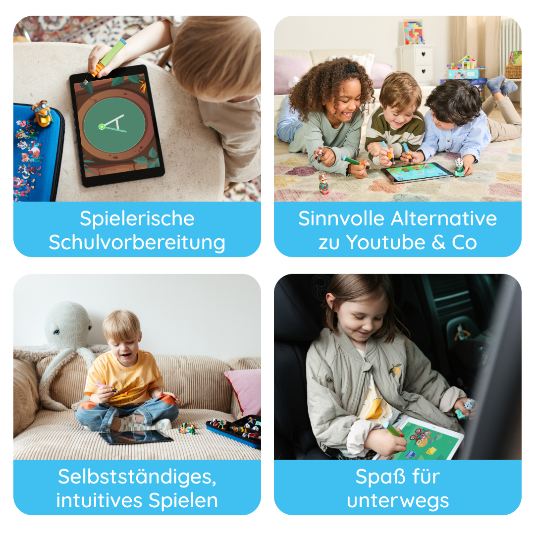 Vier Bilder zeigen Kinder, die die Edurino DE Mika "Erstes Lesen & Schreiben" - Stufe 1 App auf Tablets verwenden, mit deutschen Beschriftungen wie "Sprache entdecken" und "Reime und Silben", die das phonologische Bewusstsein unterstützen.