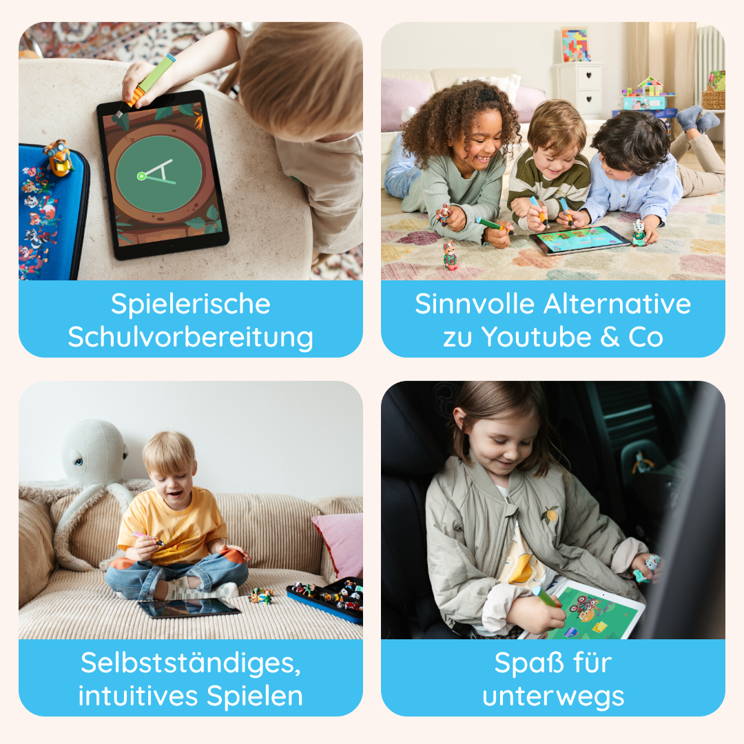 Vier Bilder zeigen Kinder, die Edurino DE's "Die 5 neuesten Lernwelten" benutzen, mit deutschem Text, der den spielerischen Lernnutzen hervorhebt.