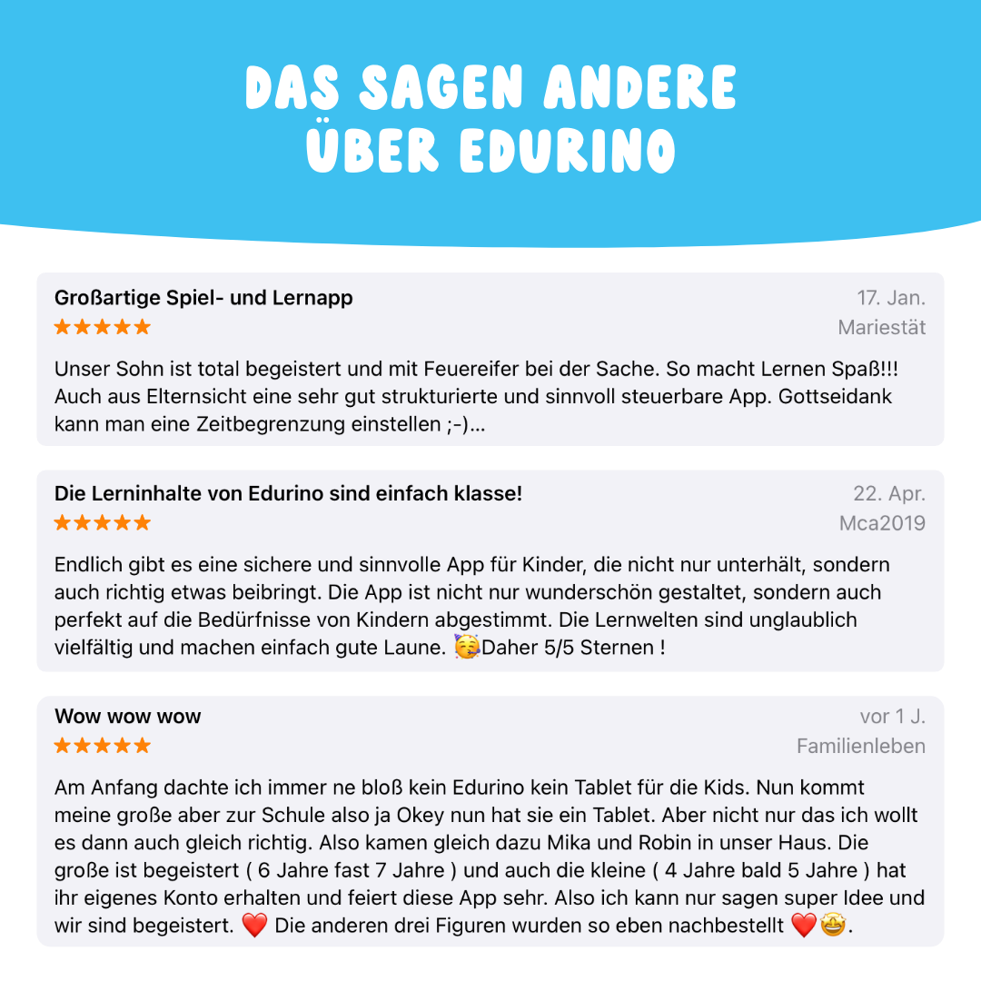 Eine Grafik mit drei positiven Nutzerbewertungen in deutscher Sprache über Ollie "Aufmerksamkeit & Konzentration" von Edurino DE, in der hervorgehoben wird, wie es die Konzentration fördert und den Erfolg unterstützt.