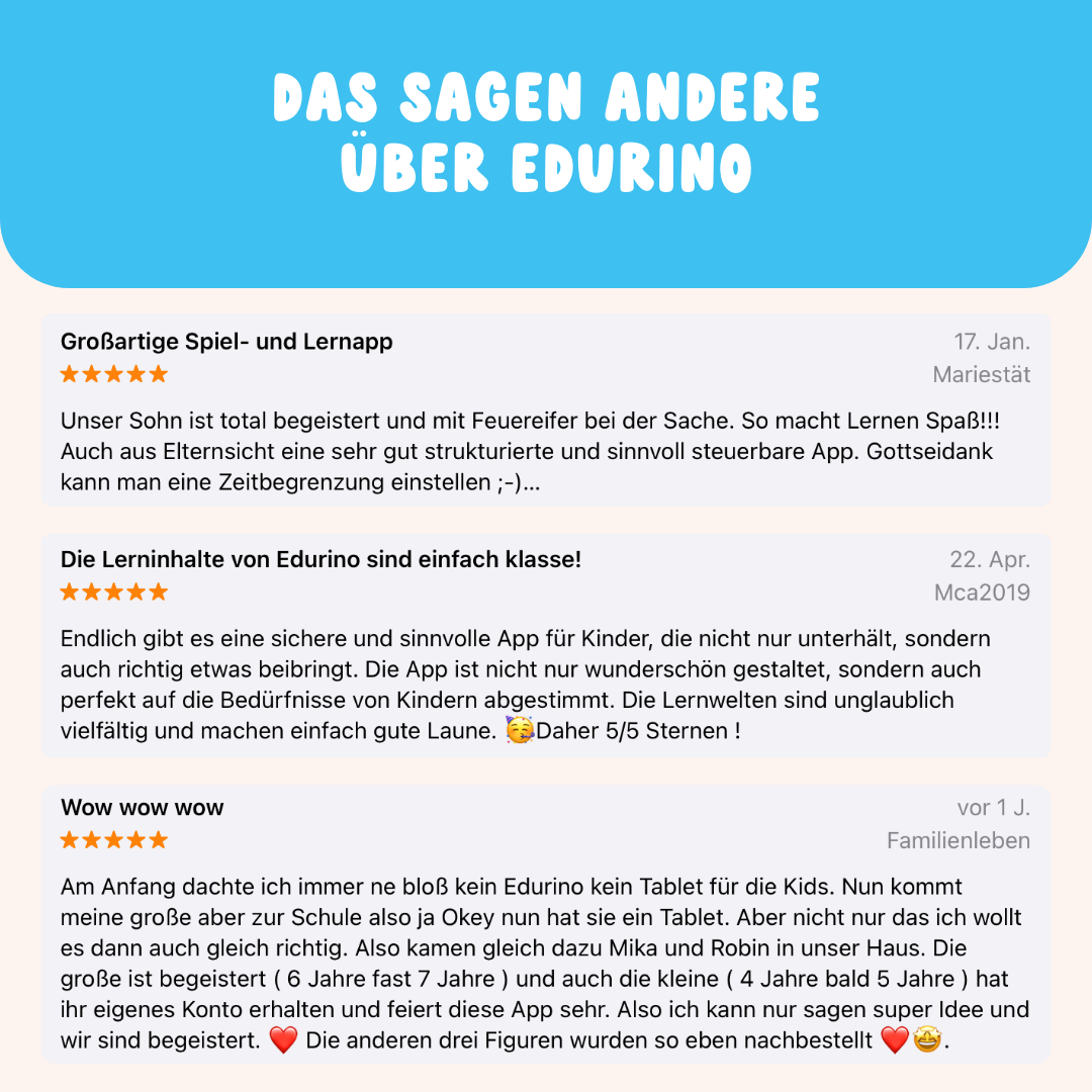 Drei Kundenrezensionen loben Die 5 neuesten Lernwelten von Edurino DE für ihren pädagogischen Wert, ihre strukturierte Herangehensweise und die effektive Einbeziehung der Kinder.