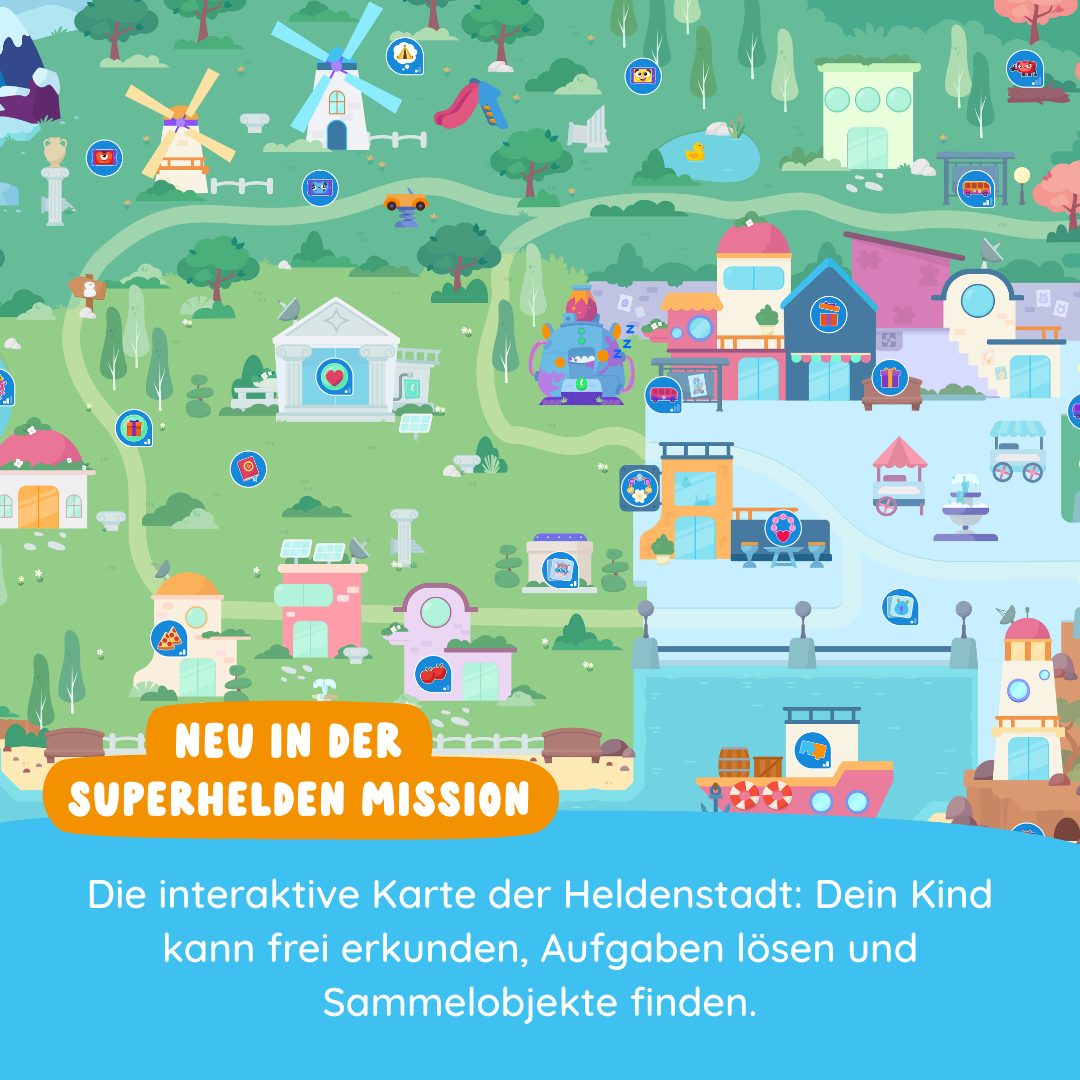 Bunte Stadtkarte mit Häusern, Wasser und Icons sowie Text über eine Superhelden-Missions-Karte für Kinder aus Mika "Wörter & Sätze" von Edurino DE.