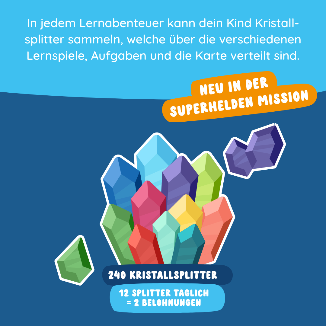 Bunte Kristallsplitter und eine Infobox zur Lernspiel-Belohnung für Kinder auf blauem Hintergrund mit dem Produkt Mika "Wörter & Sätze" von Edurino DE.