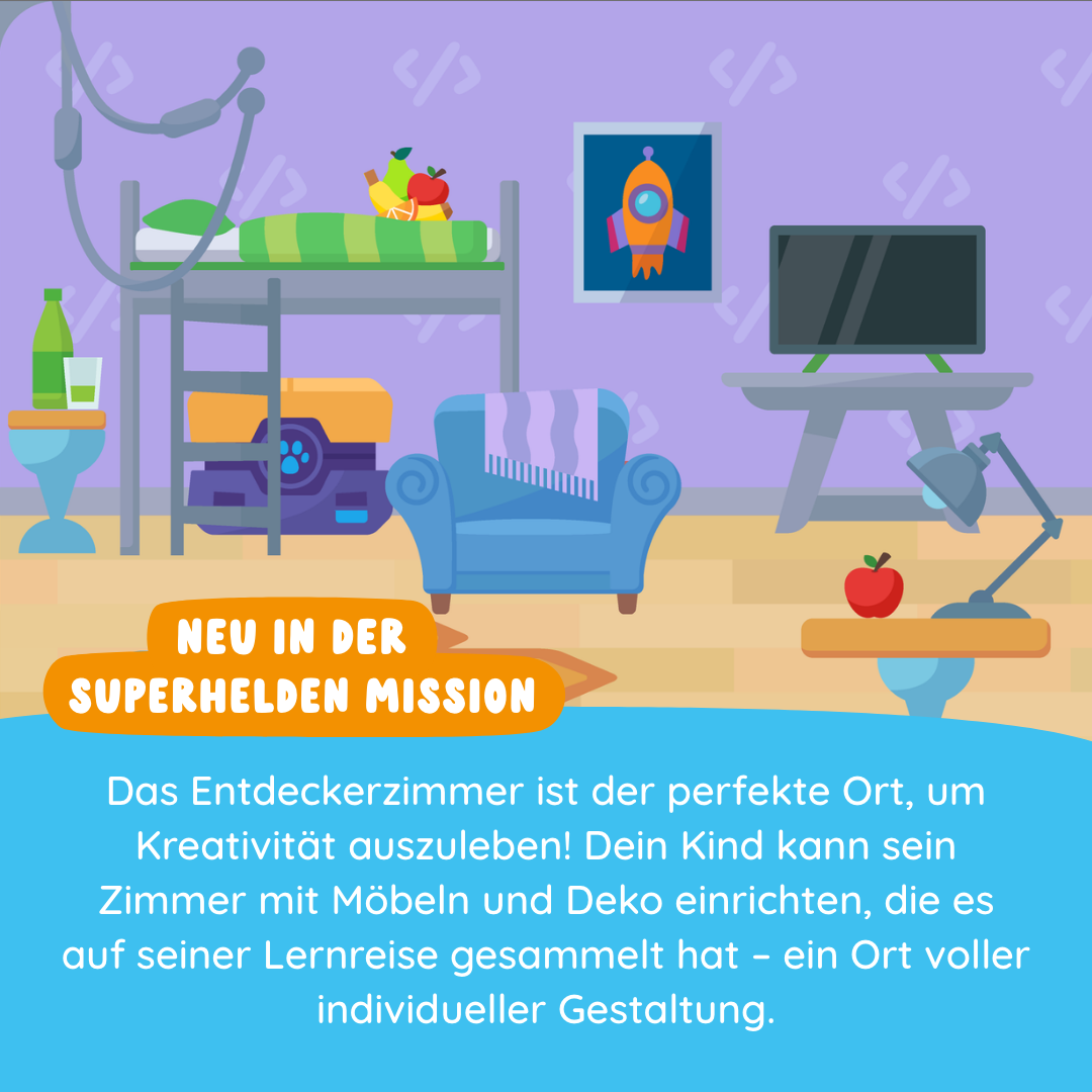 Ein farbenfrohes Kinderzimmer mit Bett, Regalen, Computertisch, Stuhl, verspielter Dekoration und dem Spiel Mika "Wörter & Sätze" von Edurino DE zum kreativen Erlernen der deutschen Sprache.