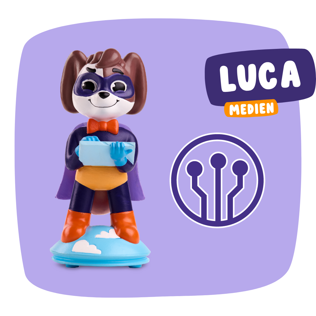 Eine Cartoon-Hund-Superheldenfigur steht auf einer Wolkenplattform mit dem Produktnamen "Luca 'Digitale Medien nutzen & verstehen'" und dem Branding von Edurino DE, das kreative digitale Inhalte vor einem leuchtend lila Hintergrund symbolisiert.