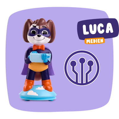 Eine Cartoon-Hund-Superheldenfigur steht auf einer Wolkenplattform mit dem Produktnamen "Luca 'Digitale Medien nutzen & verstehen'" und dem Branding von Edurino DE, das kreative digitale Inhalte vor einem leuchtend lila Hintergrund symbolisiert.