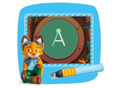 Figur vor dem Buchstaben A mit blauem Hintergrund