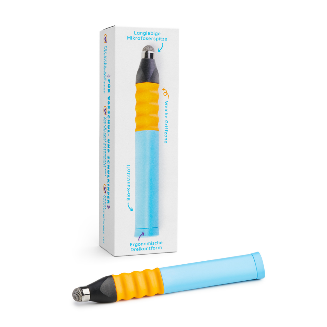 Der Ergonomische Eingabestift von Edurino DE ist ein blau-gelber Eingabestift mit Mikrofaserspitze, der neben der deutschsprachigen Verpackung mit den Produktmerkmalen abgebildet ist.