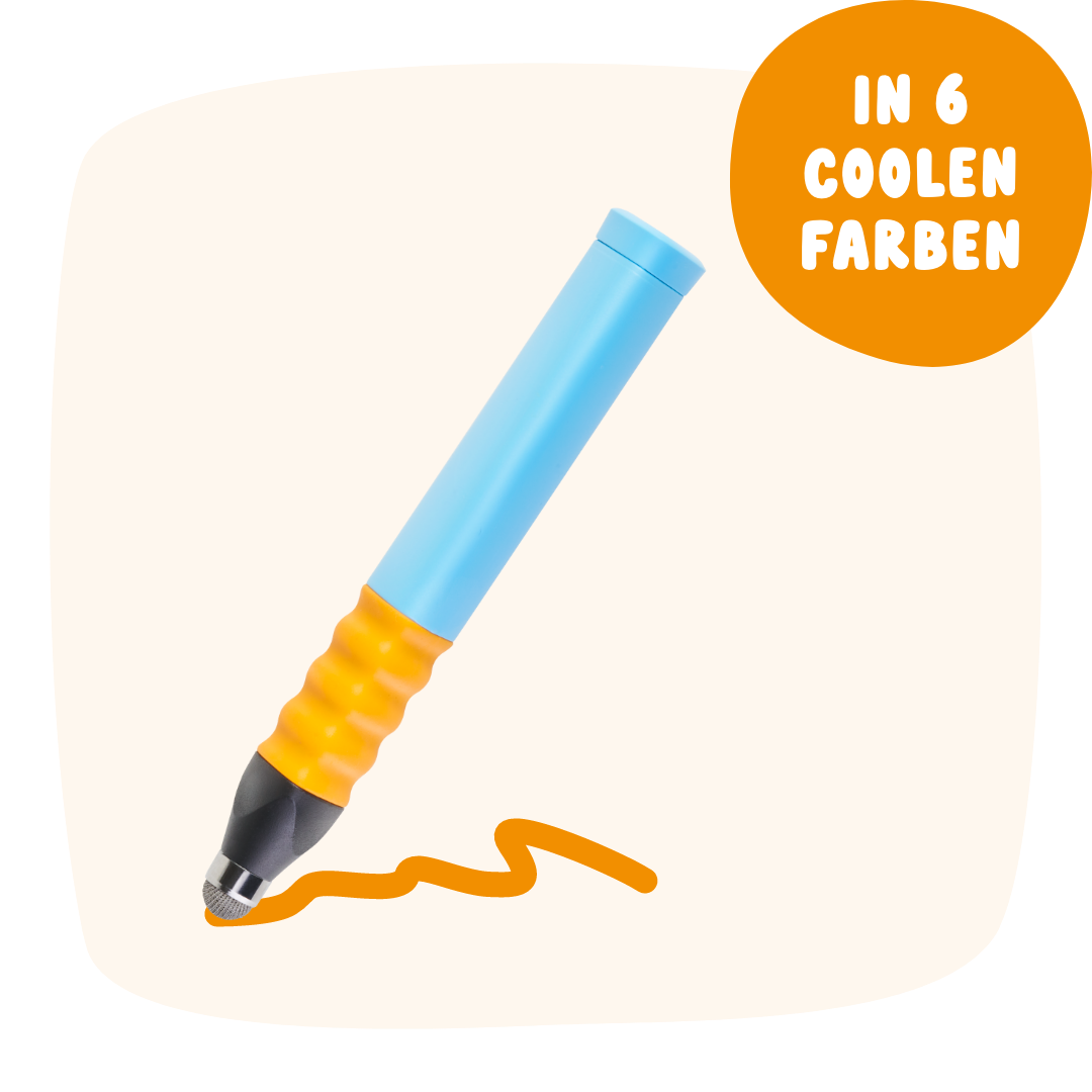 Der Ergonomische Eingabestift von Edurino DE zeichnet mit einem blau-gelben Stift eine orangefarbene Linie mit einer Sprechblase, auf der "IN 6 COOLEN FARBEN" steht.