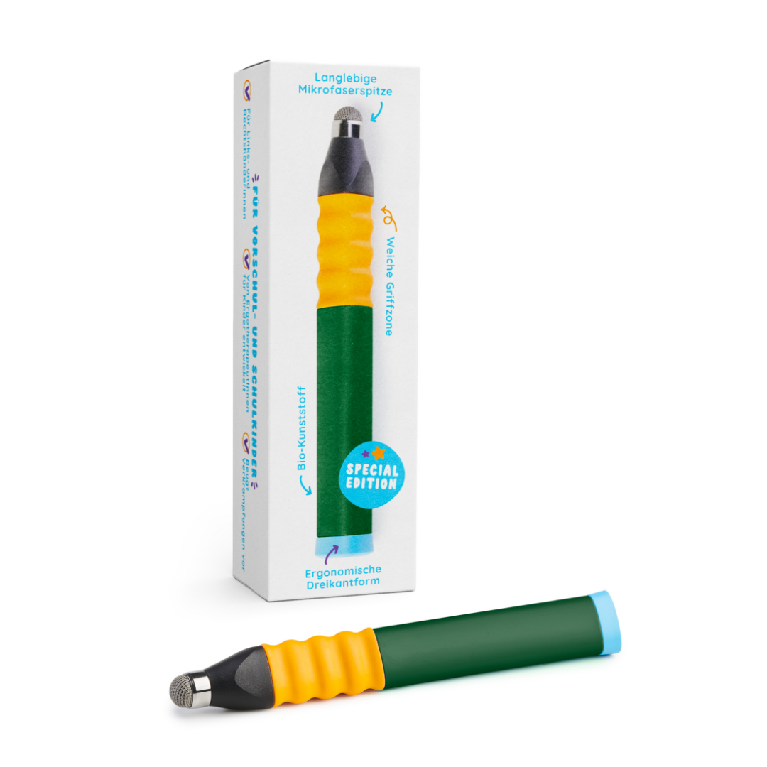 Der Ergonomische Eingabestift von Edurino DE präsentiert sich in einem grün-gelben Design mit einer blauen Spitze, die neben der weißen Verpackung zu sehen ist.
