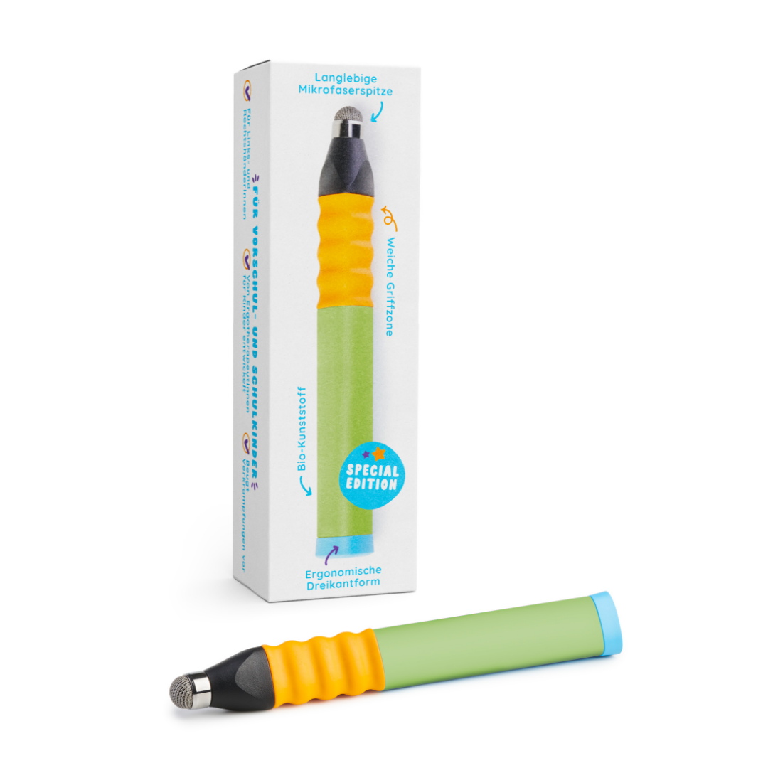 Der Ergonomische Eingabestift von Edurino DE ist ein grün-gelber Eingabestift mit ergonomischem Griff, der neben seiner weißen Verpackungsbox ausgestellt ist.