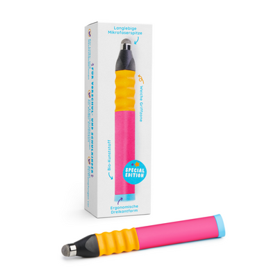 Der Edurino DE Ergonomischer Eingabestift hat einen rosafarbenen Körper und gelbe Griffe, die neben einer Verpackung mit blauem Text und Grafiken zu sehen sind.