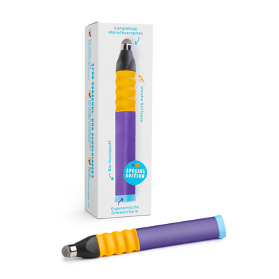 Der Edurino DE Ergonomischer Eingabestift in den Farben Lila und Gelb mit ergonomischem Griff wird neben seiner Verpackungsschachtel gezeigt.