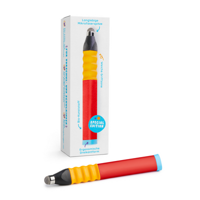 Der Ergonomische Eingabestift von Edurino DE hat einen roten Körper, einen gelben Griff und eine blaue Spitze, die neben der weißen Verpackungsschachtel zu sehen sind.