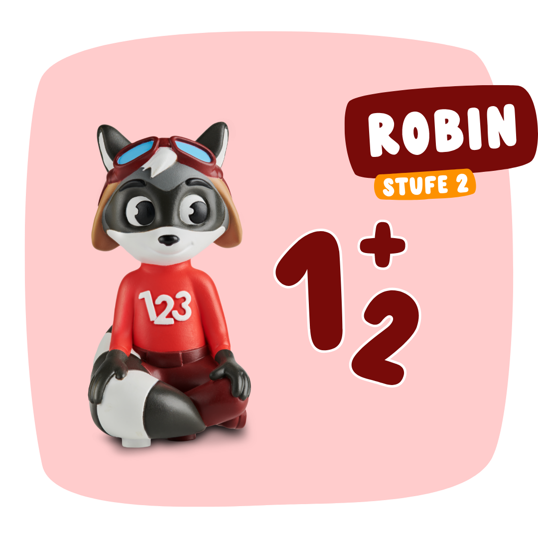 Ein Cartoon-Waschbär im Fliegerdress sitzt neben "1 + 1/2" und "Robin 'Erstes Rechnen bis 10' - Stufe 2" von Edurino DE auf einem rosafarbenen Hintergrund und lädt Kinder dazu ein, Matheaufgaben zu erforschen und ihr Zahlenverständnis zu stärken.
