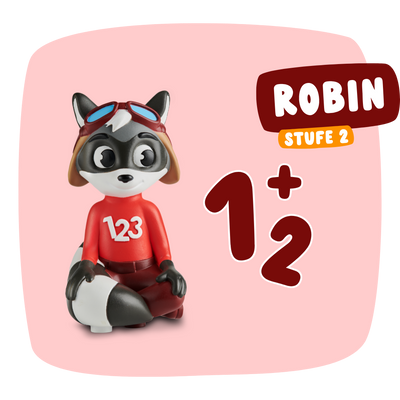 Ein Cartoon-Waschbär im Fliegerdress sitzt neben "1 + 1/2" und "Robin 'Erstes Rechnen bis 10' - Stufe 2" von Edurino DE auf einem rosafarbenen Hintergrund und lädt Kinder dazu ein, Matheaufgaben zu erforschen und ihr Zahlenverständnis zu stärken.